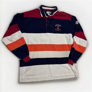 Vtg Izod Lacoste Sport Shirt Men L Blue Striped Polo Rugby Retro Preppy READ